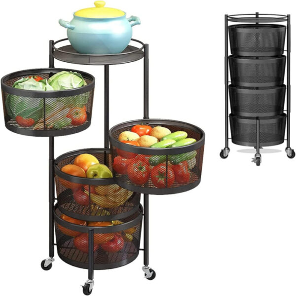 4 Layer (Round) Full Metal Fruit/Vegetable Rack (Black) - Image 2